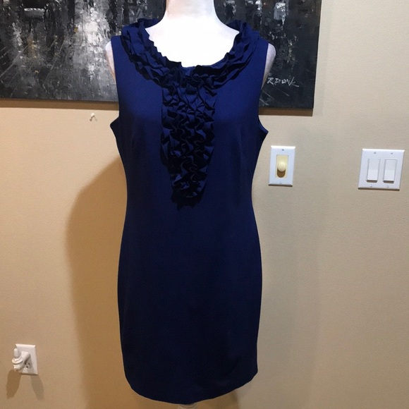 Trina Turk Cobalt Blue Ruffle Front Sleeveless Knee Length Sheath Dress-Size 10 - Picture 1 of 10